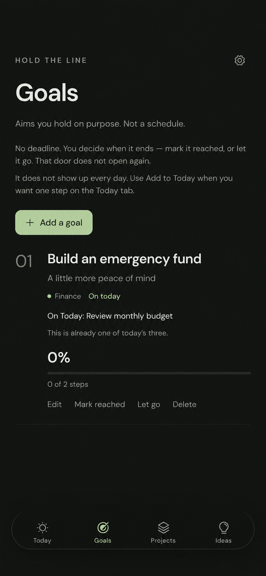 Limiqo Goals: Build an emergency fund, with Review monthly budget added to Today.